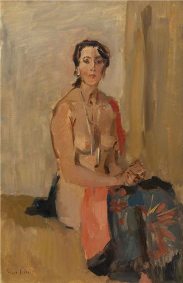 A seated figure in a loose, impressionistic style with warm earth tones and visible brushstrokes.