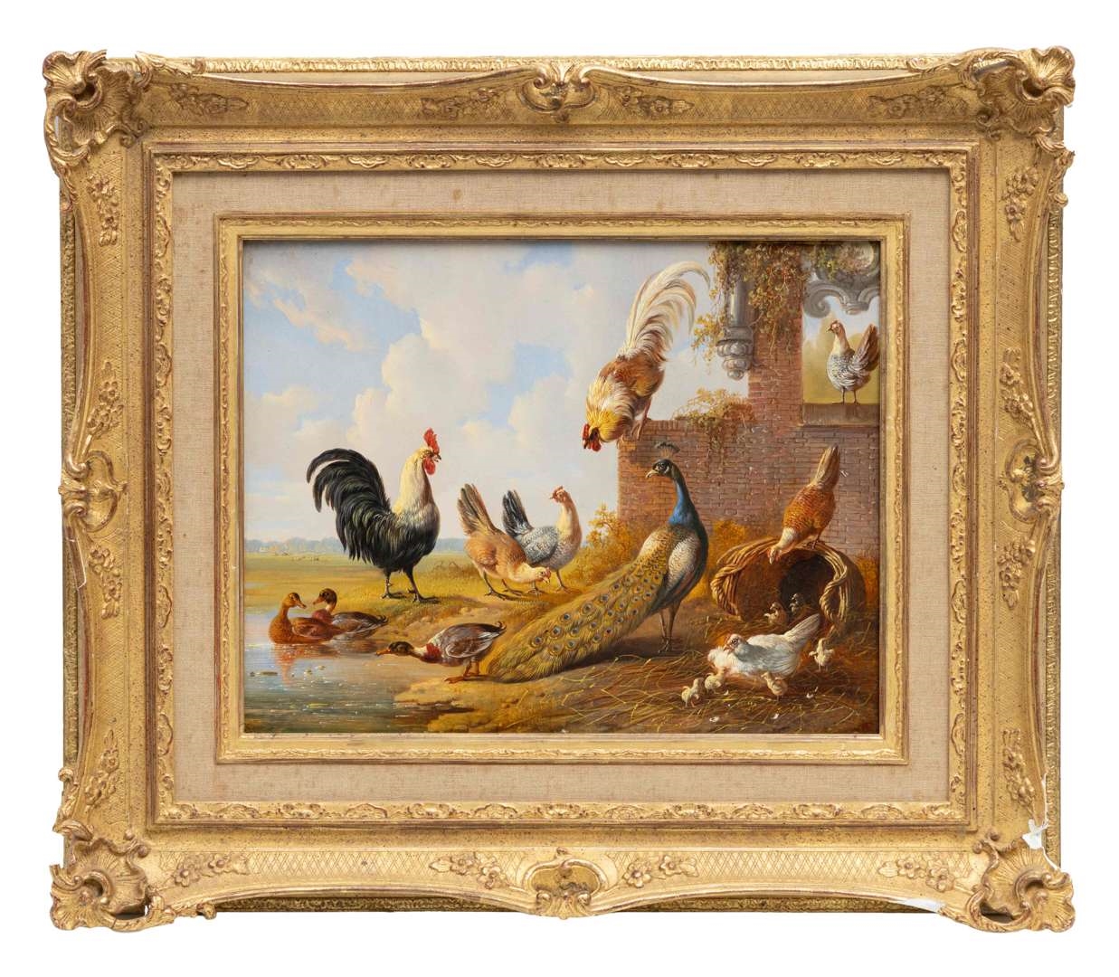 A pastoral scene featuring a diverse group of poultry and a peacock in a rural setting.