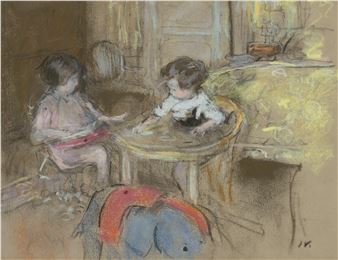 A pastel study of two small figures seated at a table with a toy in the foreground.