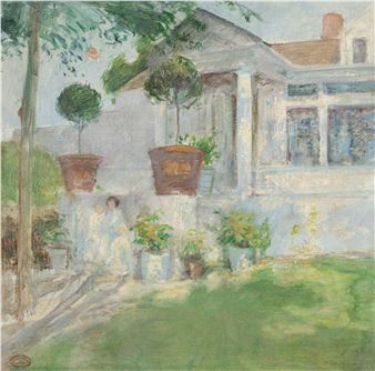 A sun-drenched garden scene featuring a white house, terraced planters, and a seated figure.