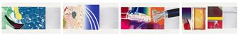 A colorful collage of four abstract panels featuring bold shapes, brushstrokes, and vibrant hues.
