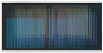 A minimalist abstract composition featuring vertical lines in cool tones.