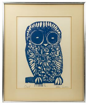 A stylized blue owl print featuring intricate geometric patterns and a bold, graphic aesthetic.
