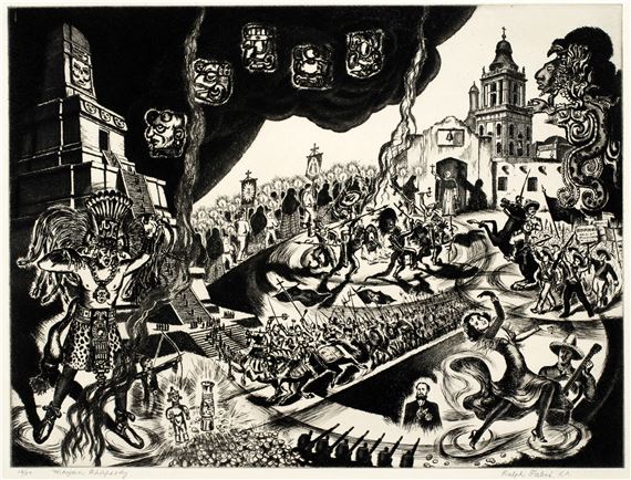 A chaotic black-and-white print depicting a dramatic confrontation between indigenous figures and colonial soldiers.