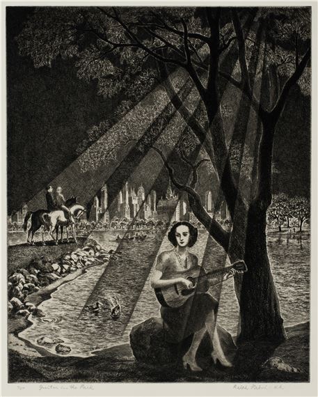 A monochromatic etching of a woman playing a lute under a tree, with dramatic light beams illuminating a distant cityscape and a horse in the background.
