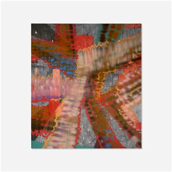 An abstract composition featuring layered textures and a vibrant palette of reds, oranges, and greys.