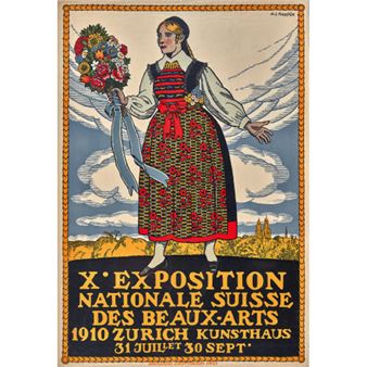 A vibrant poster featuring a figure in traditional dress holding a bouquet against a stylized sky.