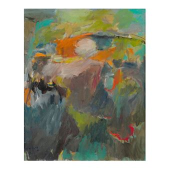 An abstract expressionist painting featuring bold, layered brushstrokes in a vibrant palette of greens, oranges, and teals.