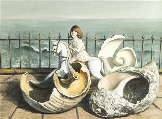 A surreal painting of a figure riding a white horse made from a giant seashell, surrounded by other shells on a balcony overlooking the sea.