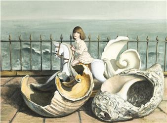 A surreal painting of a figure riding a white horse made from a giant seashell, surrounded by other shells on a balcony overlooking the sea.
