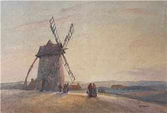 A watercolor landscape featuring a rustic windmill and distant figures under a soft, hazy sky.
