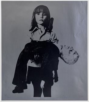 A black-and-white print of a young figure holding a dark garment and a textured object.