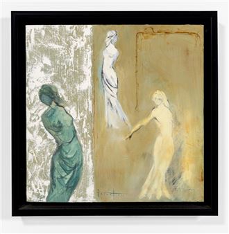 A triptych-style painting featuring three figures in muted tones against textured backgrounds.