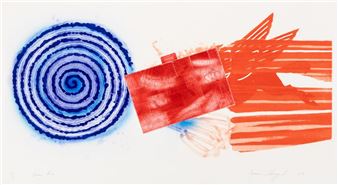 A vibrant abstract composition featuring a blue spiral, a red square, and orange brushstrokes.