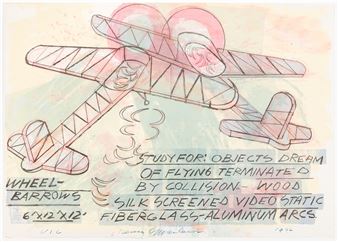 A hand-drawn sketch of a biplane with handwritten text and abstract shapes.