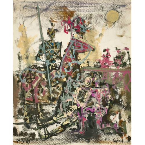 A chaotic abstract composition featuring a central armored figure amidst swirling colors and fragmented forms.