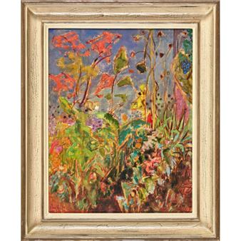 A vibrant floral painting in a weathered frame.