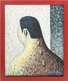 A textured portrait of a figure with dark hair, rendered in a mosaic-like style against a red frame.