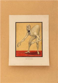A surreal print of a skeletal figure with an elongated head and ribbed back standing on a red floor.