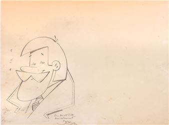 A sketch of a bearded man in a suit with a large nose and glasses.