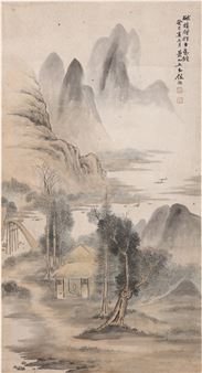 A traditional ink landscape painting depicting a misty mountain village with a bridge and small hut.