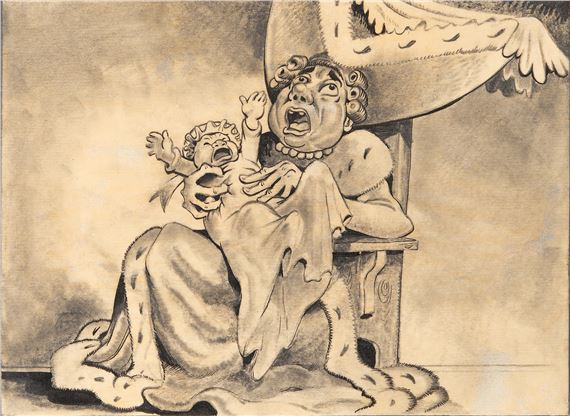 Alice in Wonderland concept drawing of Duchess and Baby - David Hall Tjangala