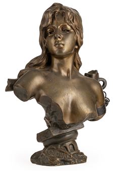 A bronze bust of a woman with an unfinished, abstracted torso and a small cup held in her hand.