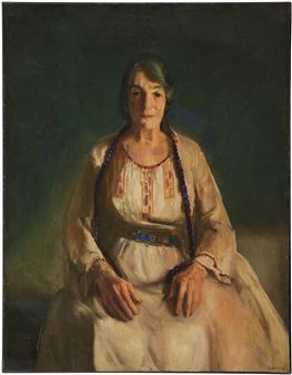 A portrait of a seated figure in traditional embroidery, rendered with soft brushwork and dramatic lighting.