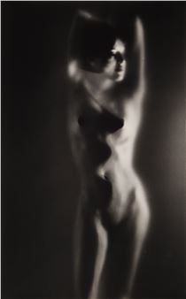 A monochrome portrait of a nude figure with arms raised, rendered in soft focus.