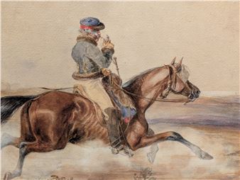 A watercolor painting of a rider on a galloping horse in motion.