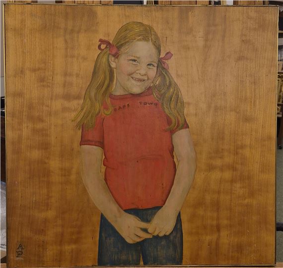 A painted portrait of a young girl with pigtails and a red shirt, smiling warmly against a wood-grain background.