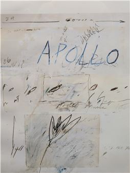 A chaotic, abstract composition featuring the word 'APOLLO' amidst scribbles and a central floral sketch.