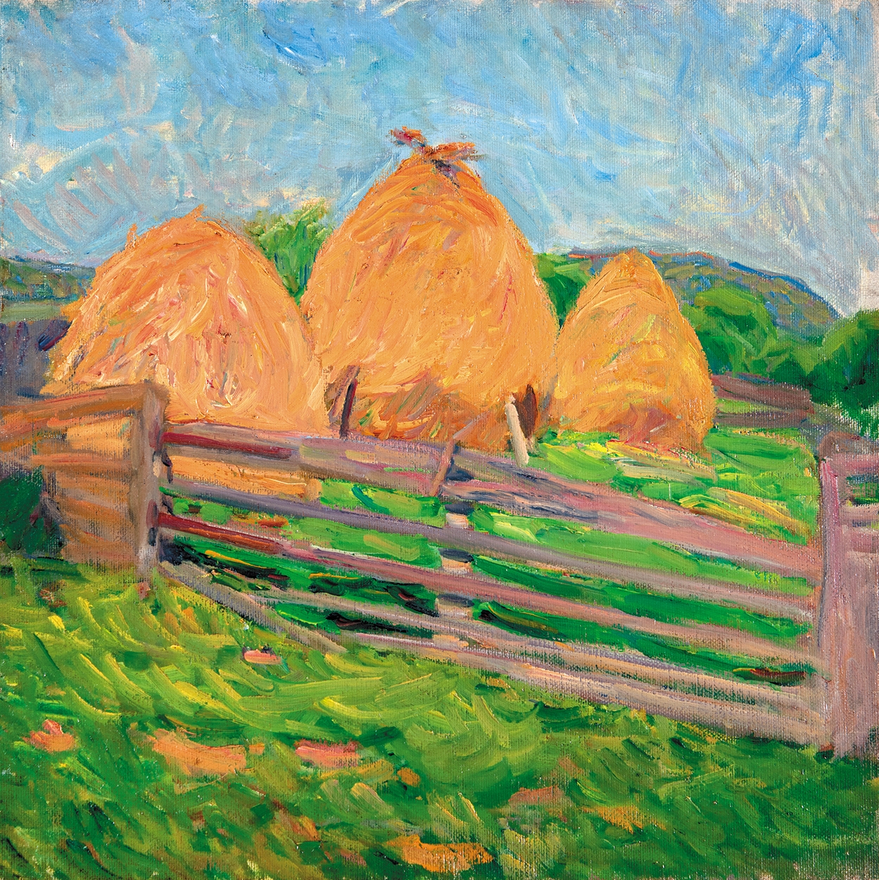 Simon Hollósy | Haystacks with Fence (1912) | MutualArt