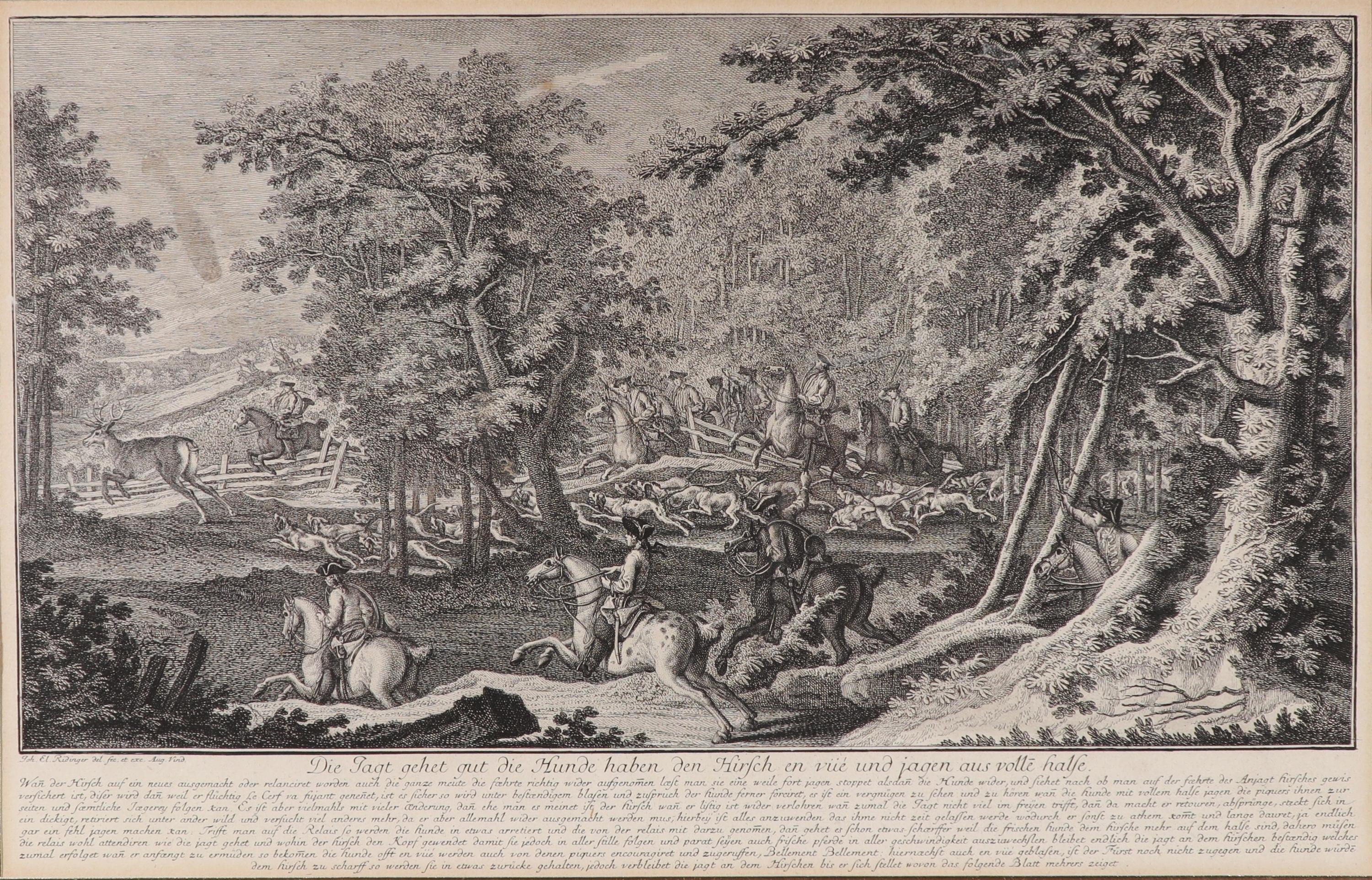 A detailed woodcut print depicting a dynamic hunting scene in a dense forest.