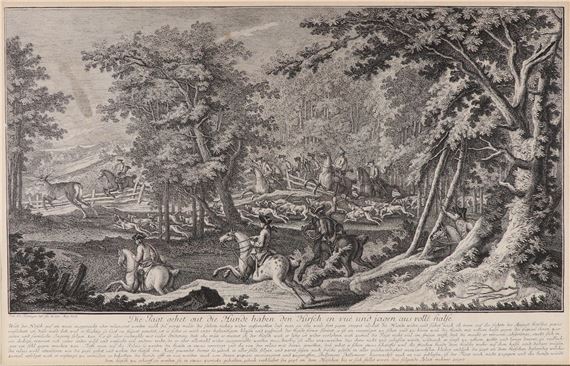 A detailed woodcut print depicting a dynamic hunting scene in a dense forest.