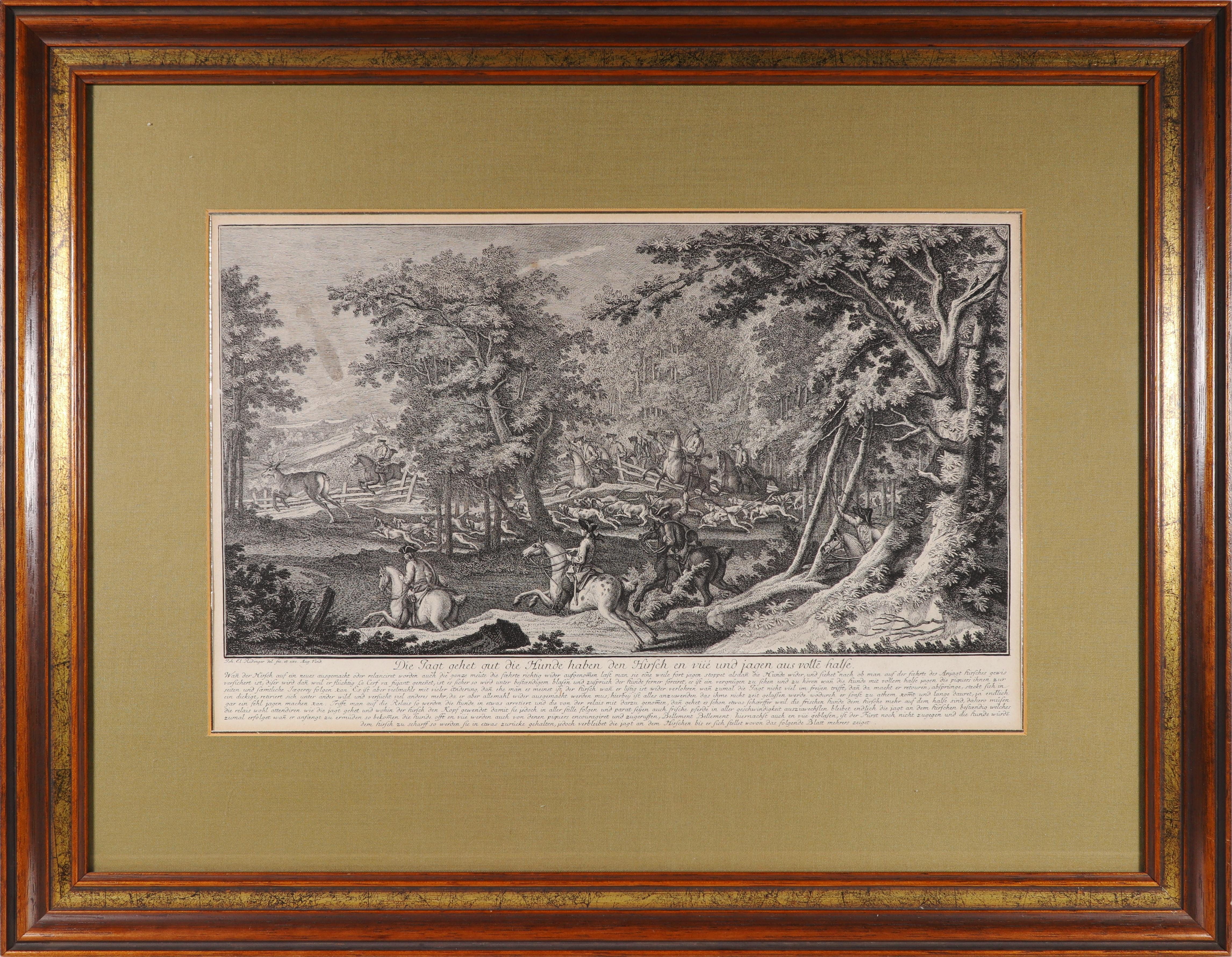 A detailed woodcut print depicting a dynamic hunting scene in a dense forest.