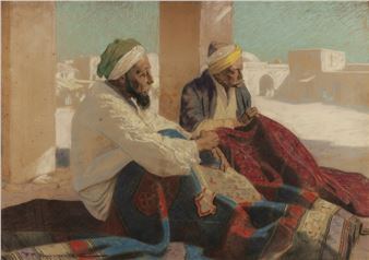 A warm-toned oil painting of two figures in a desert setting, one weaving a red textile.