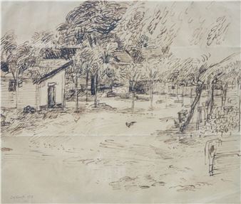 A sketchy landscape of a quiet street lined with trees and simple buildings.