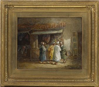 A group of figures in traditional robes gather outside a rustic market stall under a tiled roof.