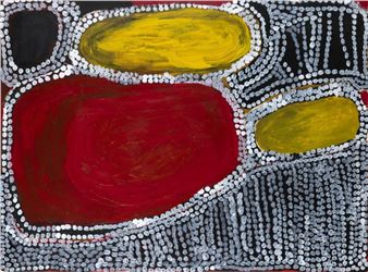 A vibrant abstract composition featuring bold red and yellow shapes against a black background, rendered with distinctive dot painting techniques.