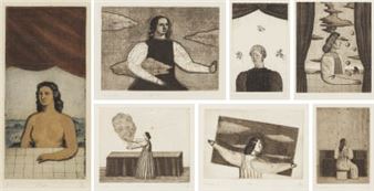 A collection of eight monochromatic etchings featuring stylized figures in various poses against textured backgrounds.