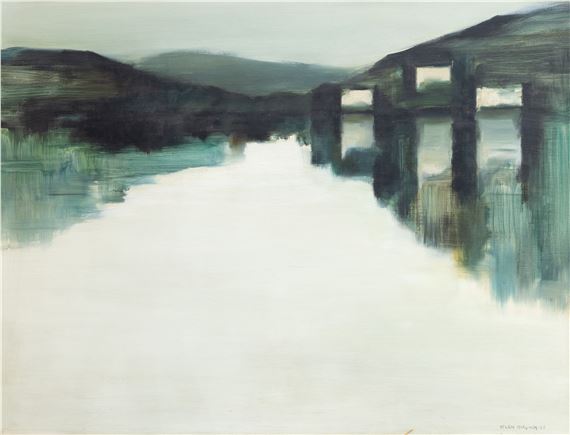 A moody landscape painting of a bridge over water with distant hills.