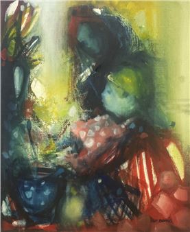 A vibrant abstract portrait of a figure in a red dress holding a bouquet, rendered in expressive brushstrokes.