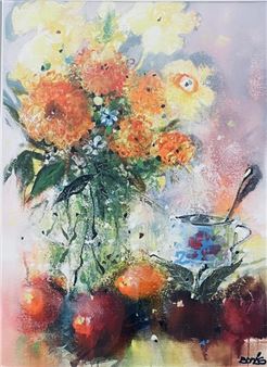 A vibrant still life painting featuring a bouquet of orange and yellow flowers, a glass pitcher with a spoon, and red apples arranged on a table.