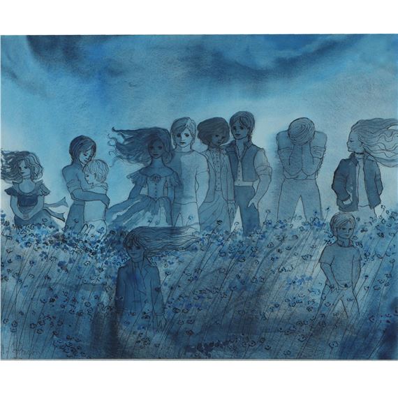 A monochromatic blue illustration of a group of figures standing in a field of flowers.