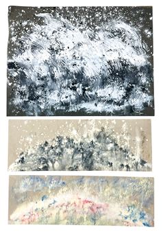 A triptych of abstract landscapes featuring textured brushwork and atmospheric color palettes.