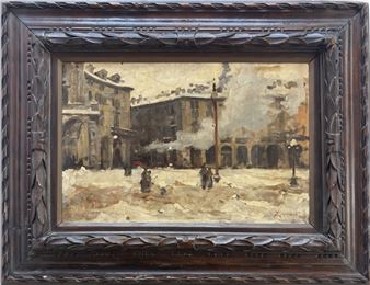 A winter street scene in a town square, capturing the quiet atmosphere of a snowy day.