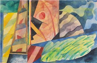 A vibrant watercolor composition of abstract geometric forms and organic shapes.