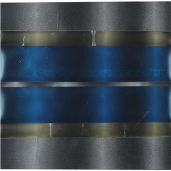 A metallic abstract composition featuring horizontal bands of brushed steel and deep blue.
