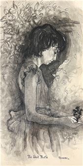 A sketch of a figure in profile holding a small plant, surrounded by falling leaves.